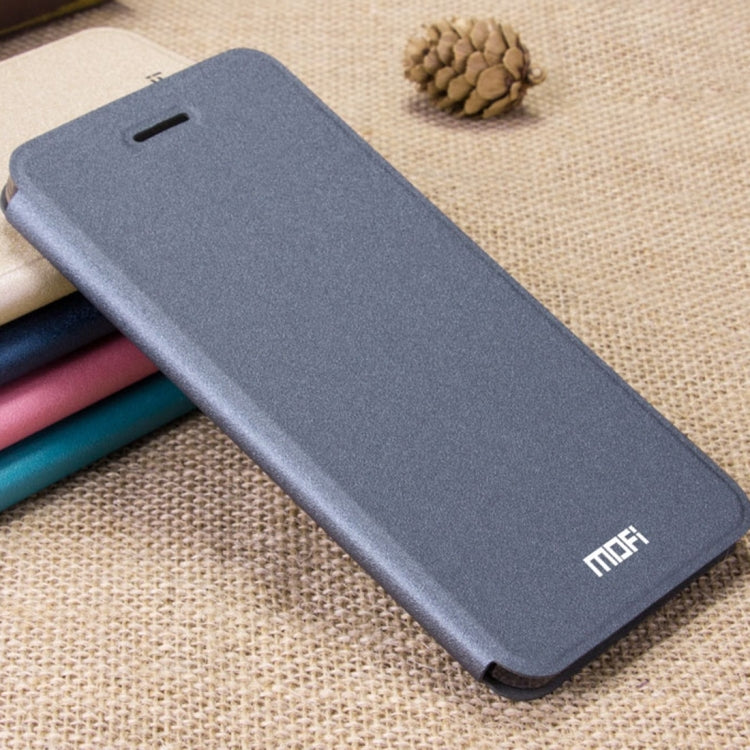 Grey textured flip leather phone case with top cutout and MOFI logo
