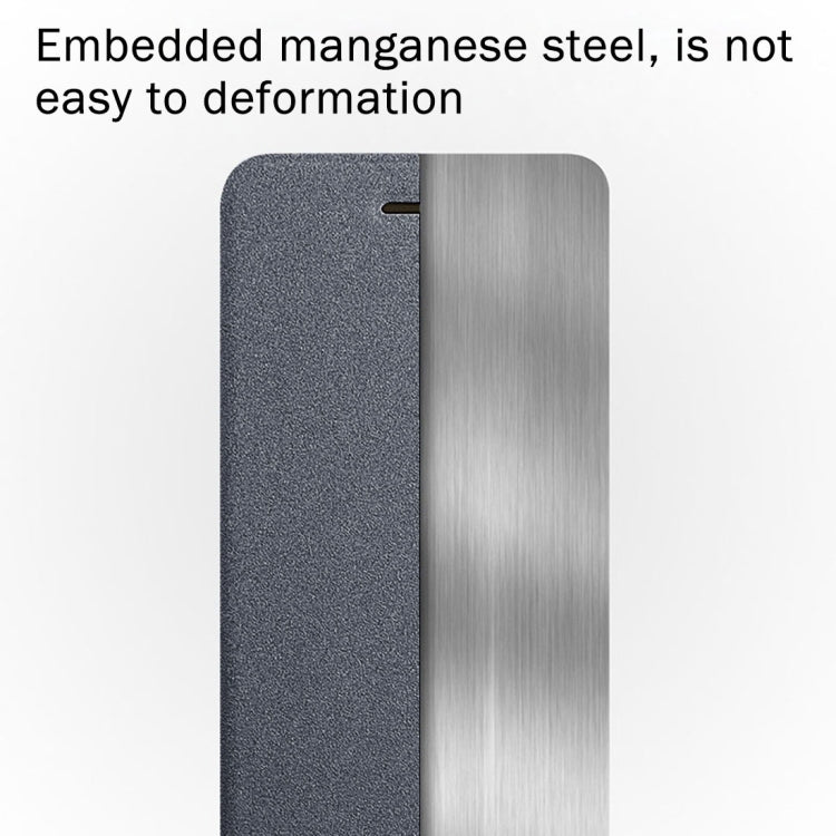 Grey textured flip case with brushed metal inner panel