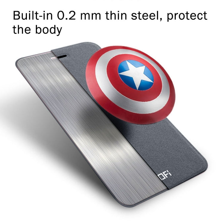 Grey textured flip case with brushed metal inner backing