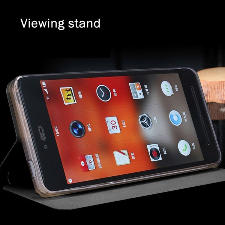 Grey textured flip case opened as a viewing stand for phone