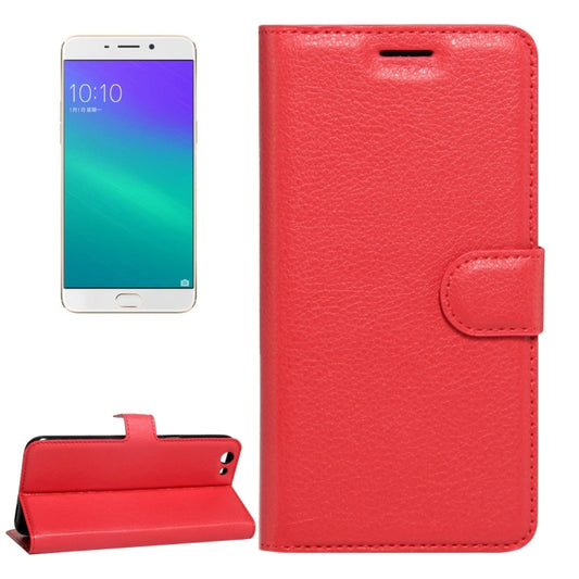 Red magnetic flip leather wallet case with front cutout and snap closure for phone
