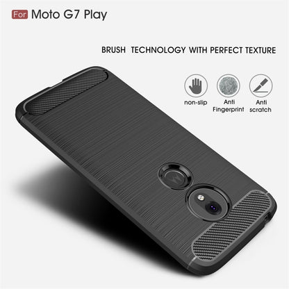 Brushed carbon fiber-textured TPU phone case for Moto G7 Play EU, black, angled view.