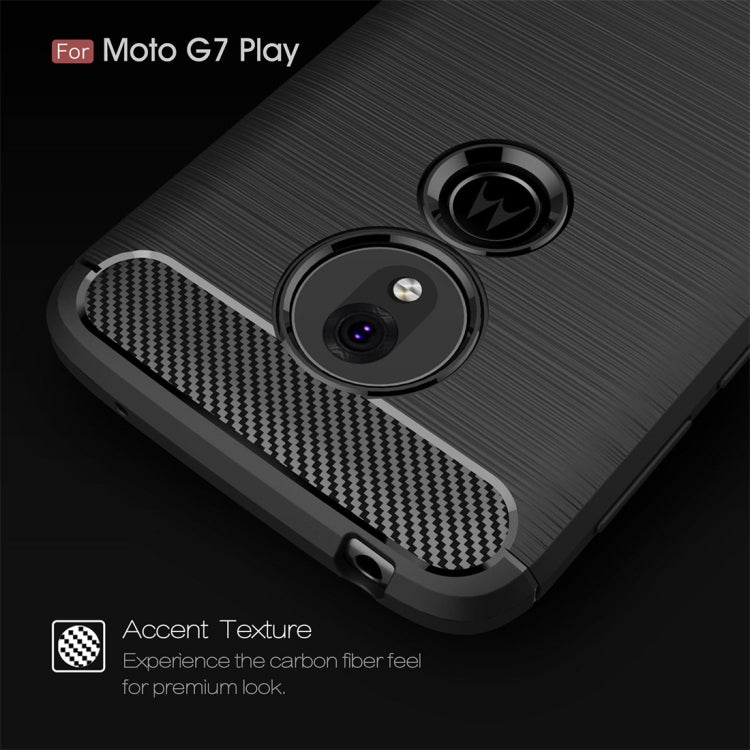 Brushed carbon fiber TPU phone case with camera cutouts for Moto G7 Play, black.