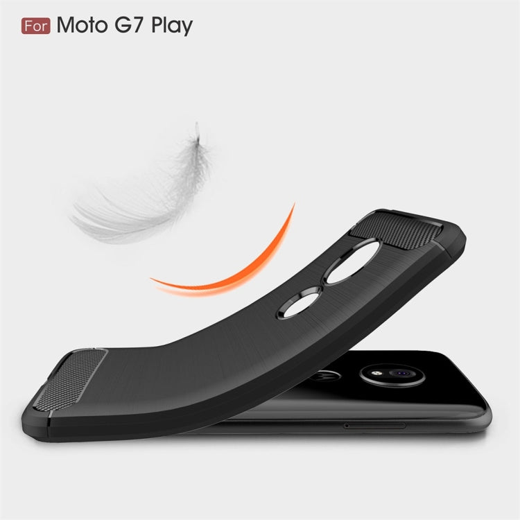 Brushed carbon fiber-textured TPU phone case for Moto G7 Play EU, black, side profile.