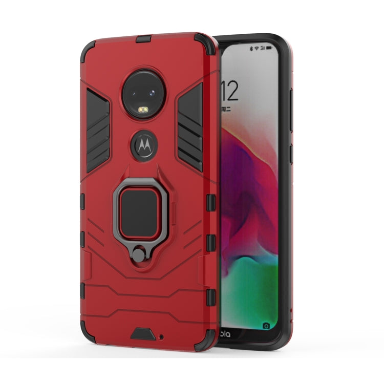 Red shockproof TPU phone case with magnetic ring holder for Moto G7, rugged armor design