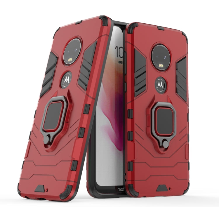 Red rugged TPU shockproof case with magnetic ring holder for Moto G7, back view