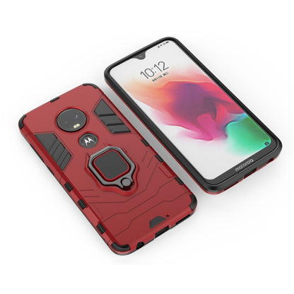 Red shockproof TPU phone case with magnetic ring holder for Moto G7, front and back