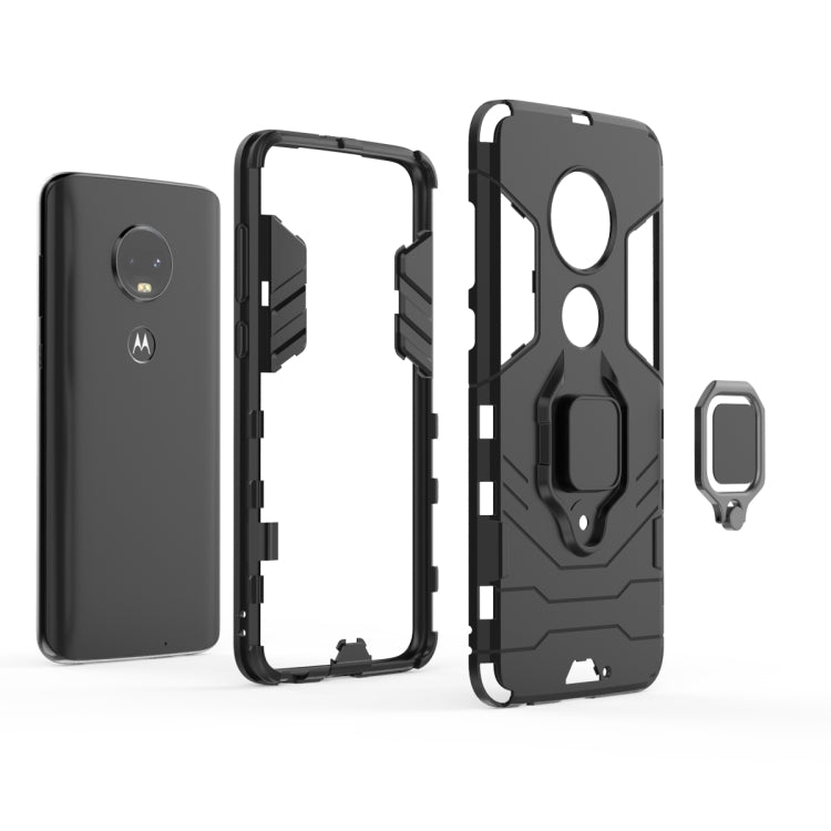 Black rugged TPU shockproof case with magnetic ring holder for Moto G7, back and accessory