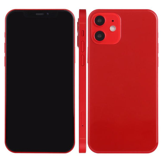Red smartphone dummy display model with black front screen and dual rear cameras