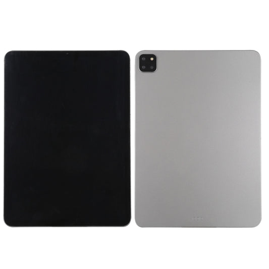 Tablet dummy display model with black screen, front and back views, silver and black