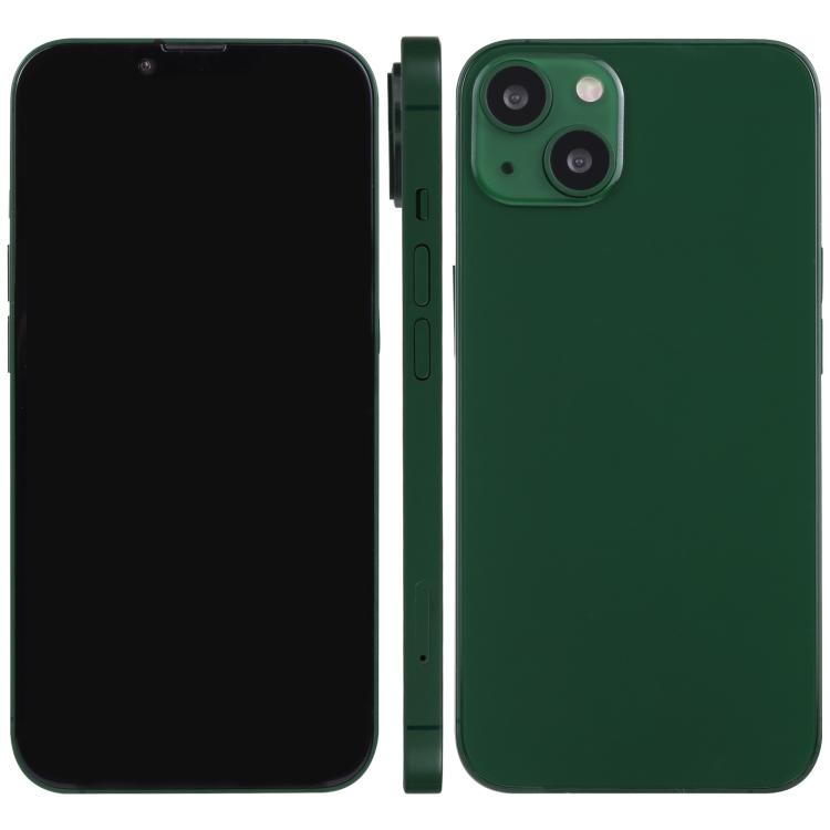 iPhone 13 dummy display model with black screen, dark green back, front and rear views