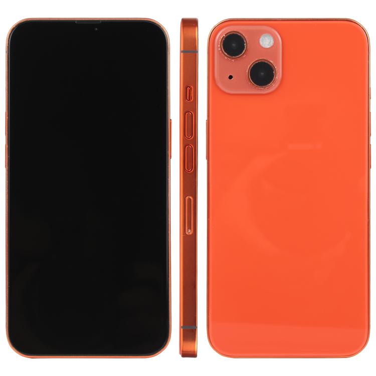 iPhone 13 dummy display model with black screen, orange back, front and rear views
