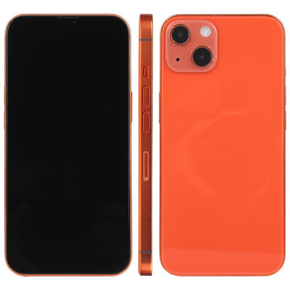 iPhone 13 dummy display model with black screen, orange back, front and rear views