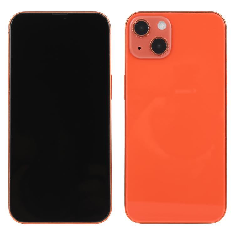 iPhone 13 dummy display model with black screen, orange back, front and rear views