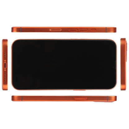 iPhone 13 dummy display model with black screen, orange frame, top and side views