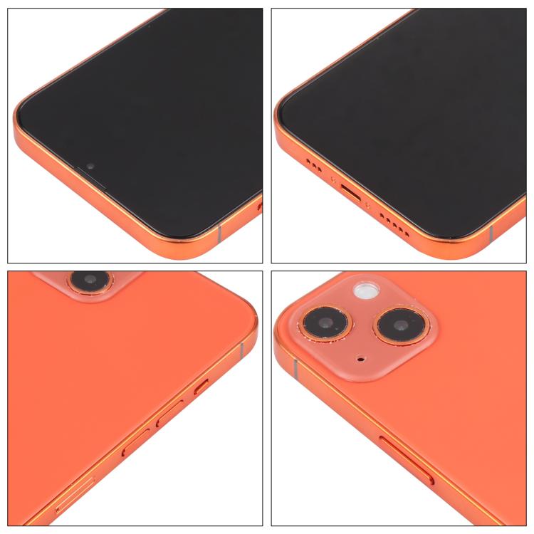 iPhone 13 dummy display model with black screen, orange body, side and back close-ups