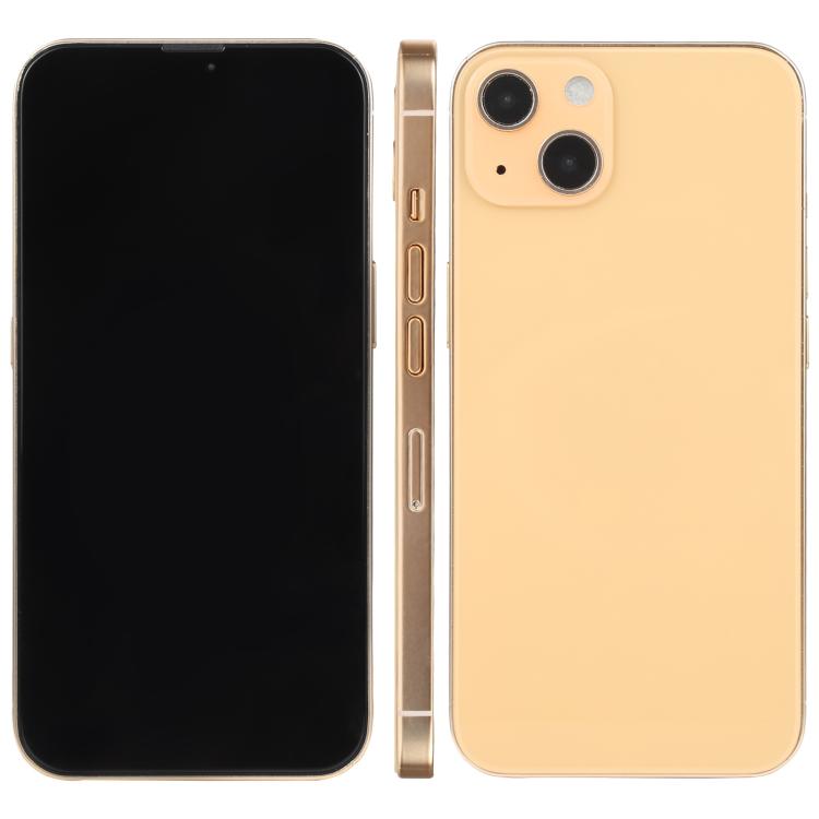 iPhone 13 dummy display model with black screen, gold back, front and rear views