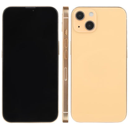 iPhone 13 dummy display model with black screen, gold back, front and rear views