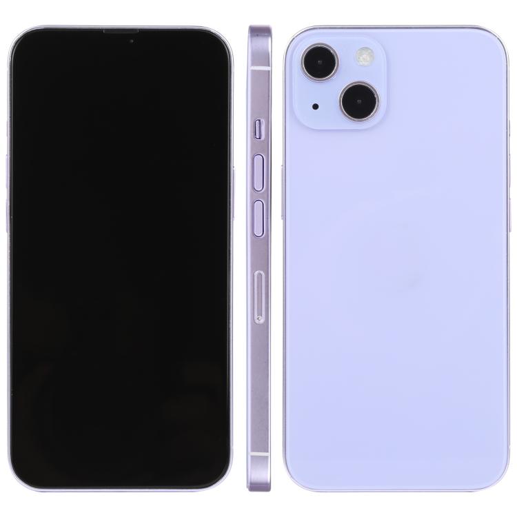 iPhone 13 dummy display model with black screen, lavender back, front and rear views