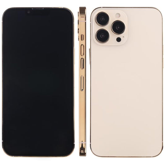 Phone dummy display model with black off screen and gold frame, iPhone 13 Pro style
