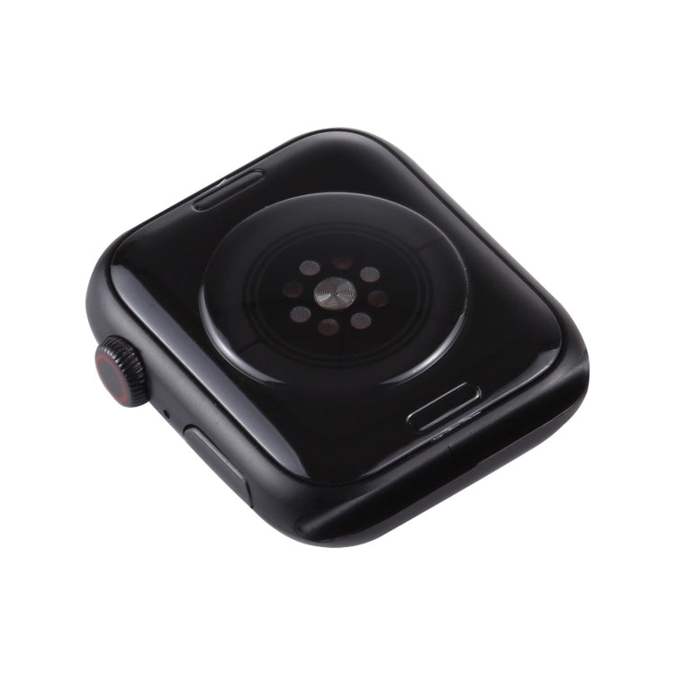 Black-screen smartwatch dummy, back view on black frame