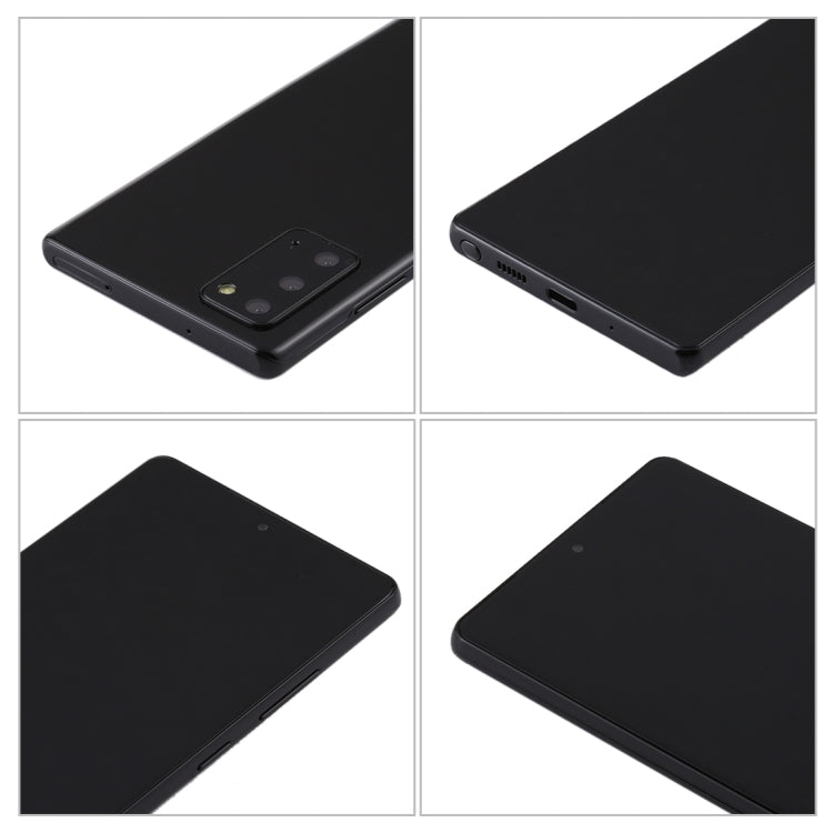 Black dummy smartphone display model close-up of rear camera, edges, and dark screen.