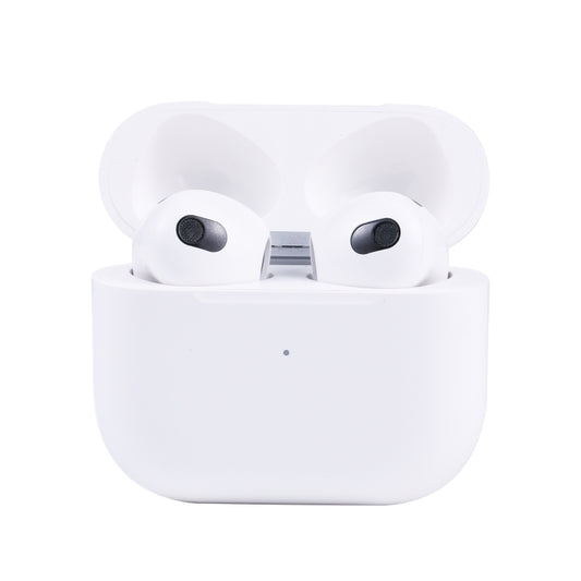 White dummy wireless earbuds with charging case, front view