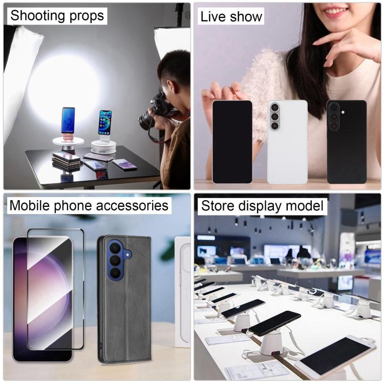 Black-screen dummy smartphone display model with camera module, shown with other phones