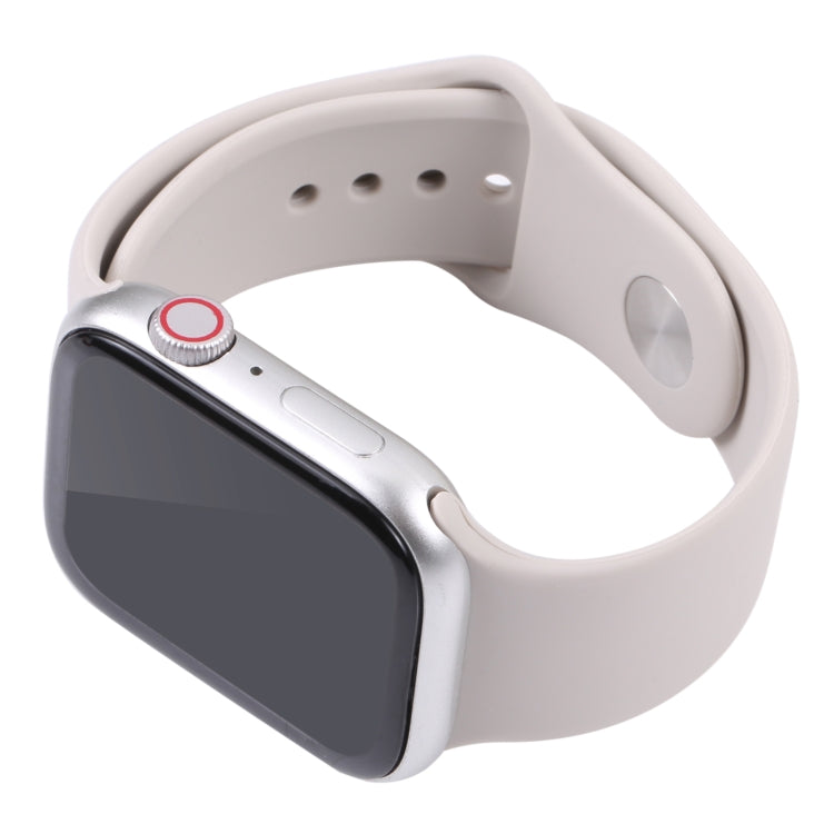 45mm dummy smartwatch display with black screen and light gray silicone band, close angle