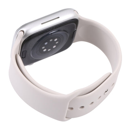 45mm dummy smartwatch display with black screen and light gray silicone band, back view
