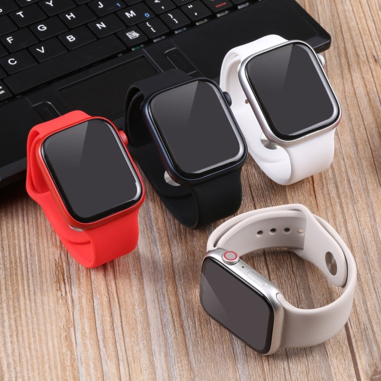 Set of 45mm dummy smartwatch displays with black screens in white, red, and dark straps