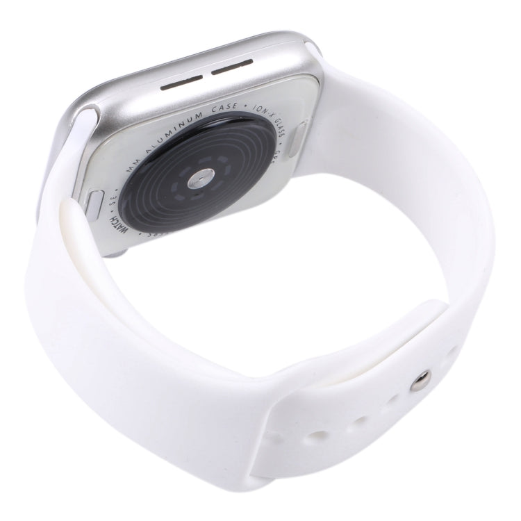 40mm Apple Watch dummy display model rear view, silver case, white silicone band