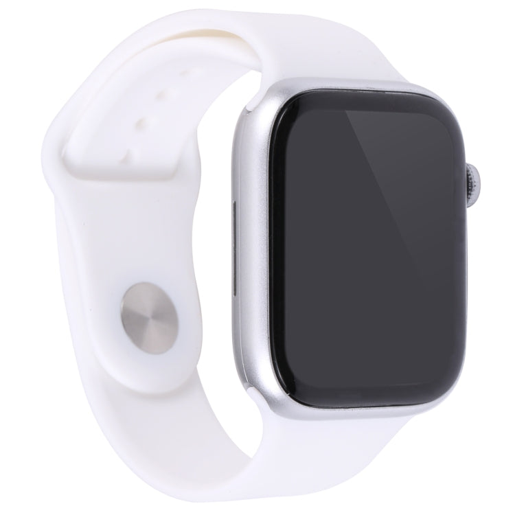 44mm watch dummy display with black screen and white silicone band, angled view