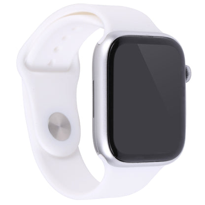 44mm watch dummy display with black screen and white silicone band, angled view