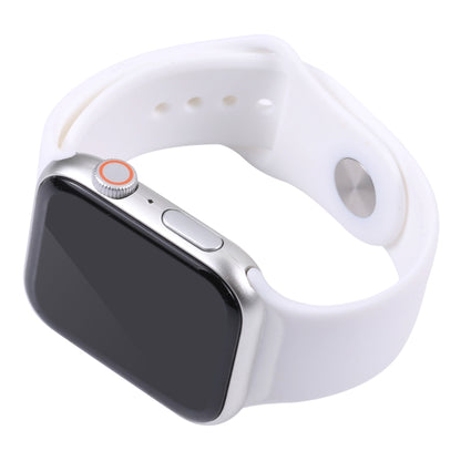 44mm watch dummy display with black screen and white band, side button detail