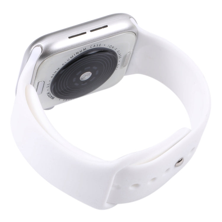 44mm watch dummy display with white band, back camera lens detail