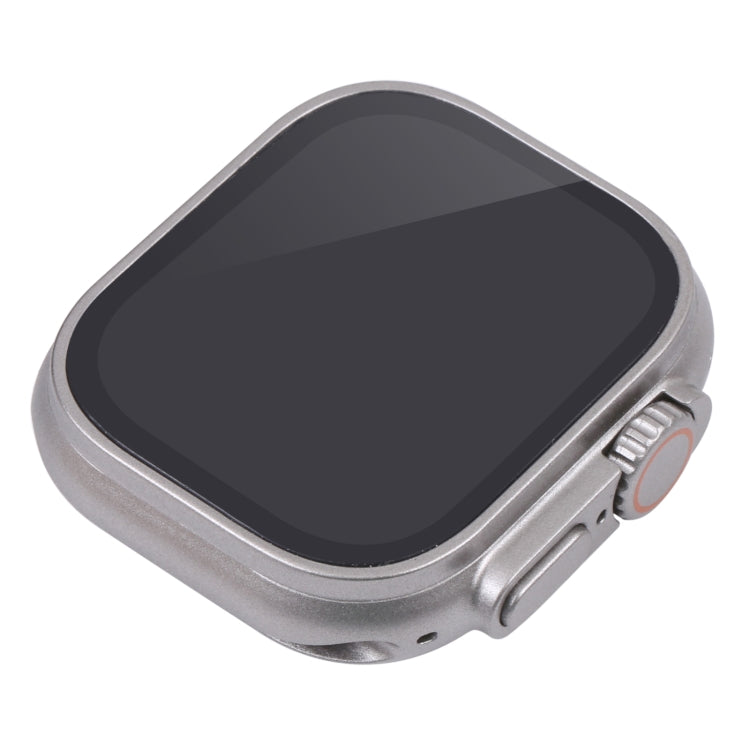 Silver Apple Watch Ultra 49mm dummy display model with black screen, side buttons visible.