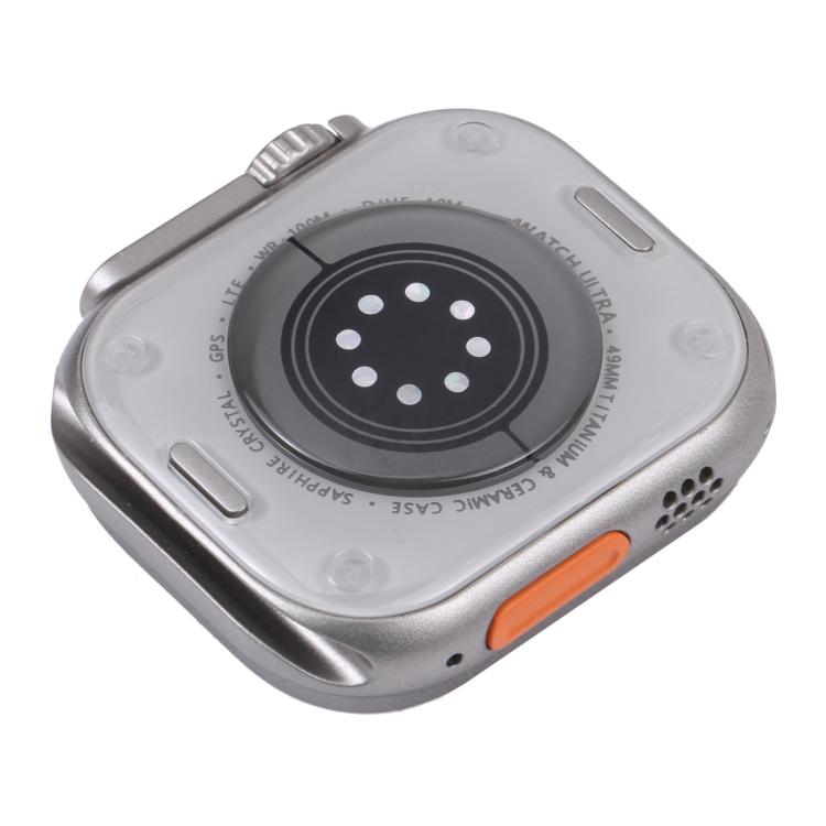Silver Apple Watch Ultra 49mm dummy display model back view with orange port details.
