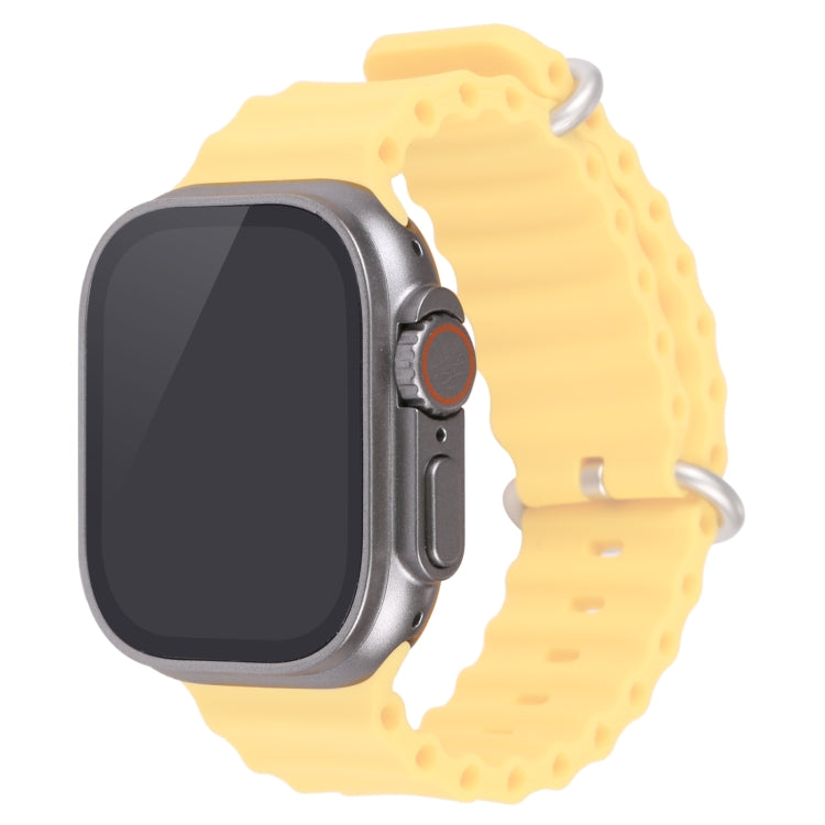 Silver Apple Watch Ultra 49mm dummy display model with black screen and yellow silicone band.