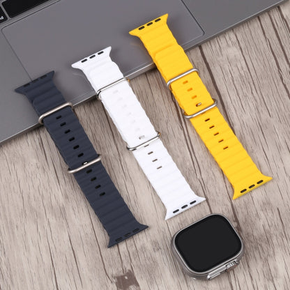 Watch dummy display with yellow, white, and dark blue silicone bands