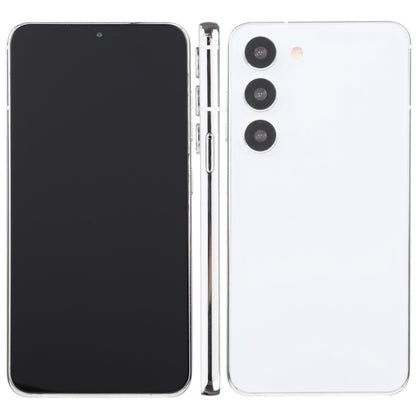 Samsung Galaxy S23 dummy display model with black screen and white back.