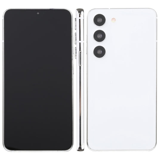 Samsung Galaxy S23 dummy display model with black screen and white back.