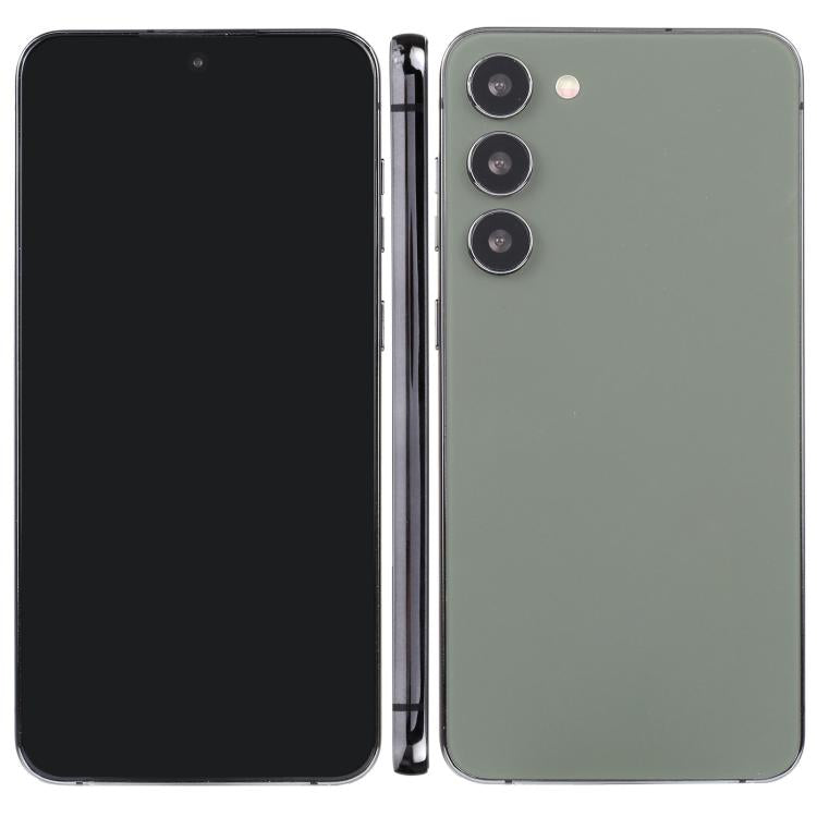 Dummy smartphone with black front and green back, triple rear camera module