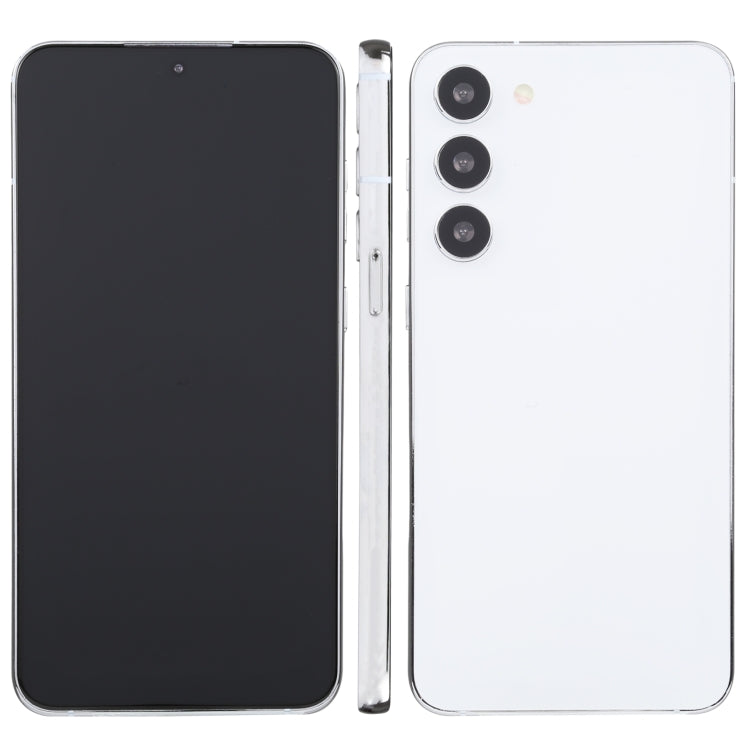 Dummy smartphone with black front and white back, triple rear camera module
