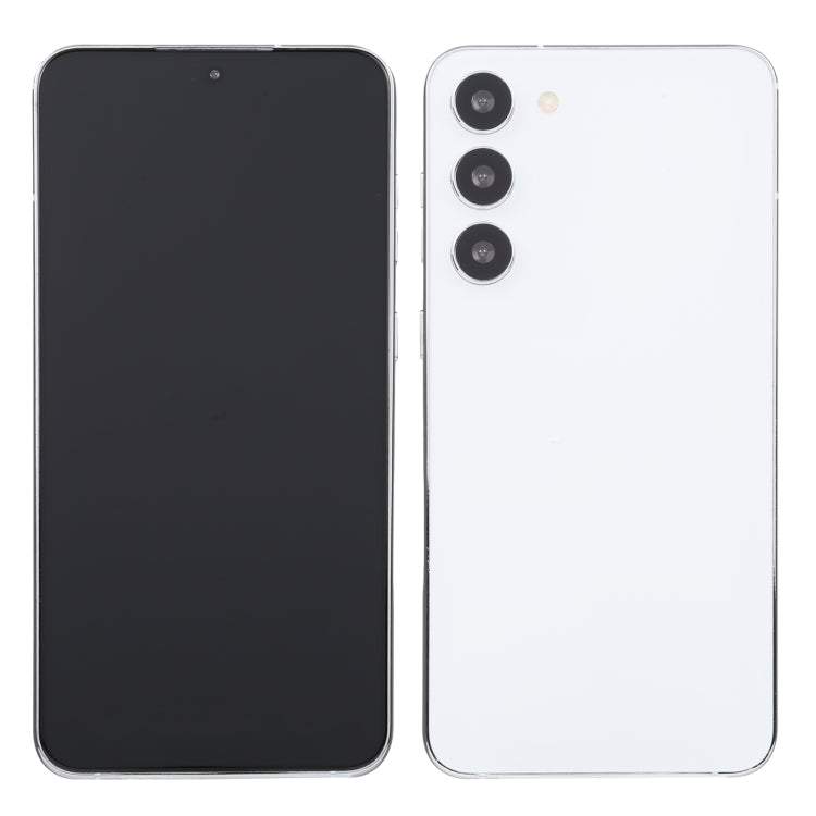 Dummy smartphone front and back, black screen and white rear with triple cameras