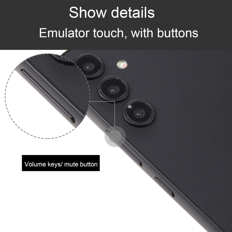 Black dummy smartphone display model with triple camera back and blank screen