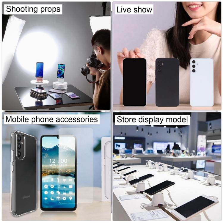 Phone display models and accessories shown in a retail-style layout