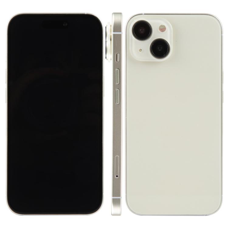iPhone 15 dummy display model with black screen and white back, dual camera layout