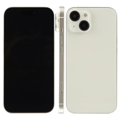 iPhone 15 dummy display model with black screen and white back, dual camera layout