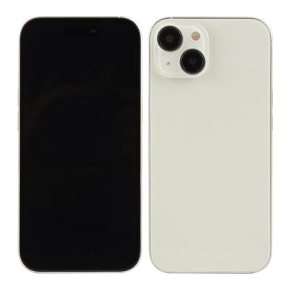 iPhone 15 dummy display model, front black screen and white back with dual cameras